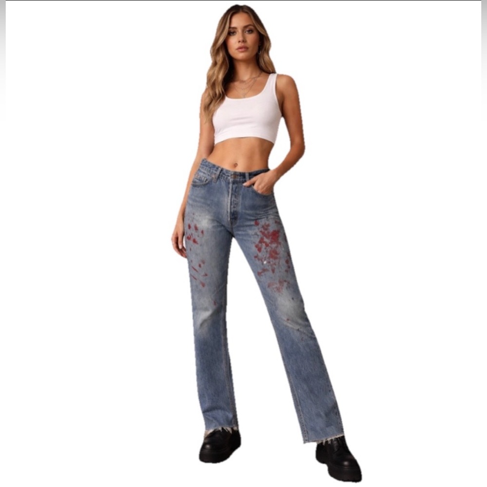 REDONE Blue Relaxed Crop Red Paint Splatter Women’s Cotton Denim Jeans Size 24
